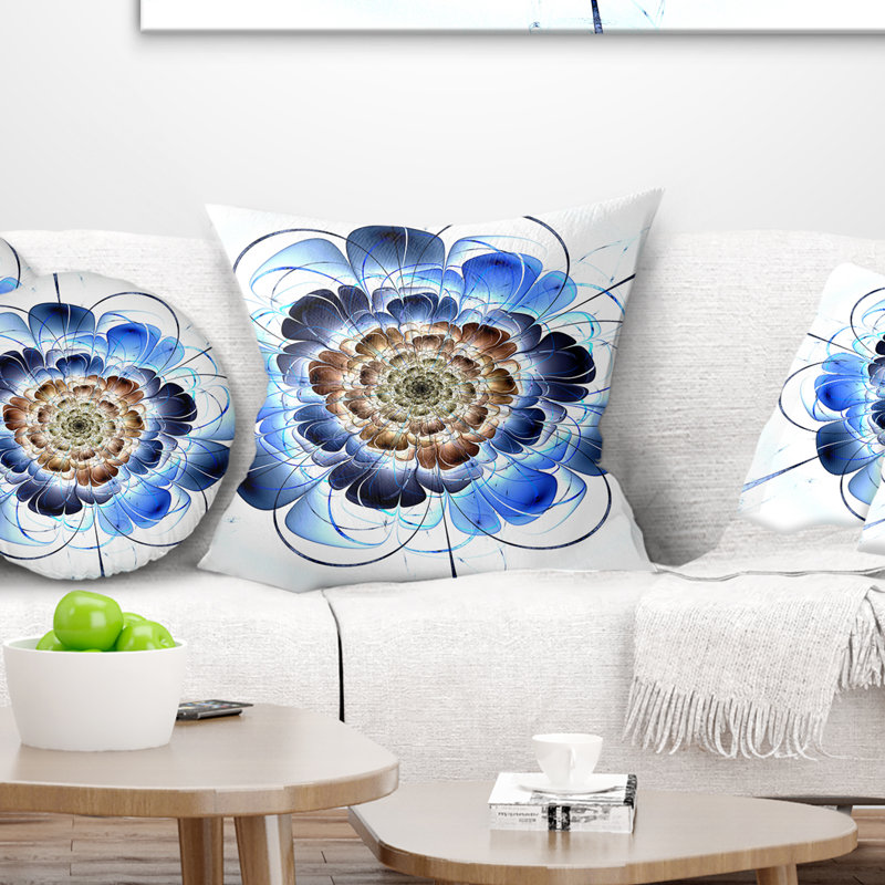Fleur fractale bleu foncé - coussin à imprimé floral, 16 po x 1 po, Coussin décoratif
