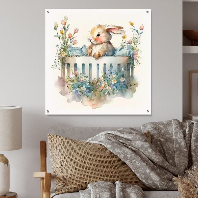 Baby Bunny In Crib With Flowers II - Lapin, art mural acrylique pour le salon, H 16 po x l 16 po
