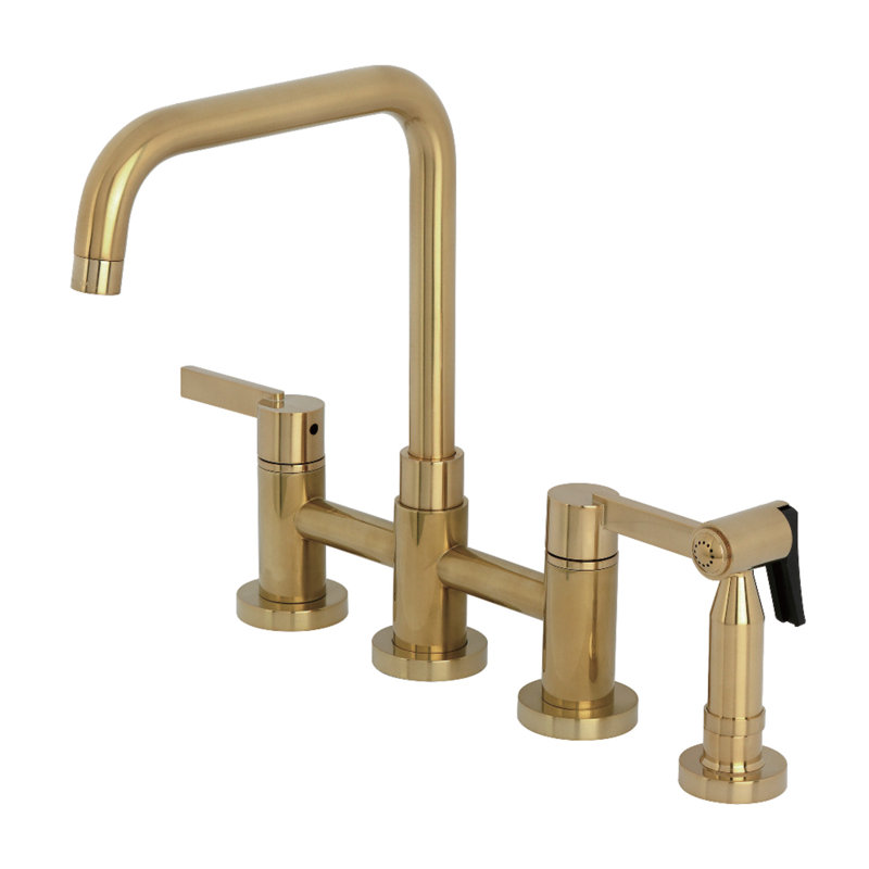 Kingston Brass Continental Two-Handle 4-Hole Deck Mount Bridge Kitchen Faucet With Brass Sprayer, Brushed Brass