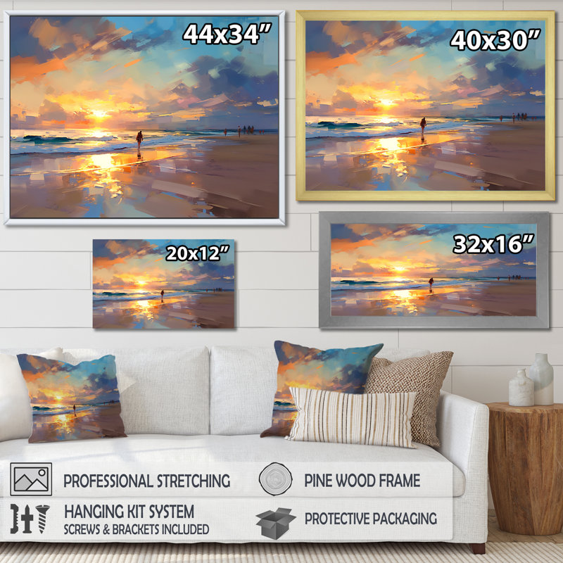«Sunset Serenity By Ocean» en rose tendre et bleu sur toile, H 30 po x l 40 po x P 1,5 po, Cadre simple blanc