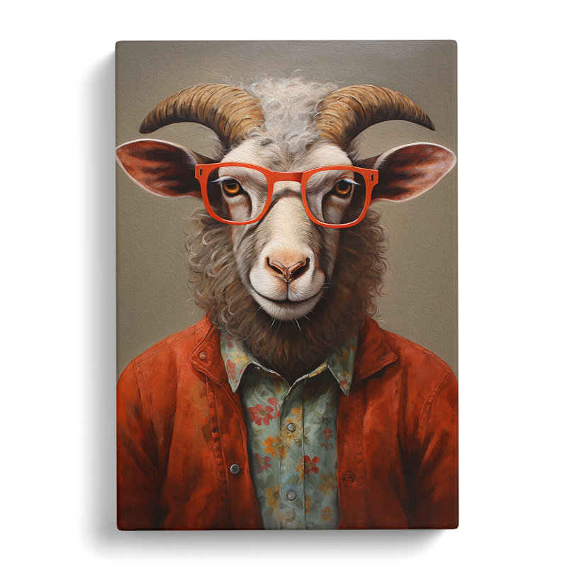 Ram Sheep with Glasses Painting - Wrapped Canvas, 50cm H x 35cm W x 3cm D
