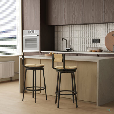 Tabourets de bar pivotants en corde de papier tressée à la main avec dossier, ensemble de 2, style rustique, ronds, pour salle à manger ou îlot de cuisine.