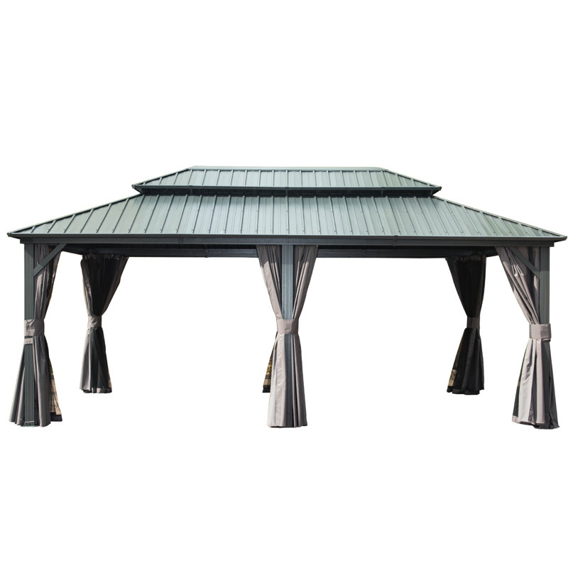 Gazebo de 3,65 m x 6,10 m, structure en aluminium, toit double en acier galvanisé, filet de protection pour pelouse, rideaux de terrasse