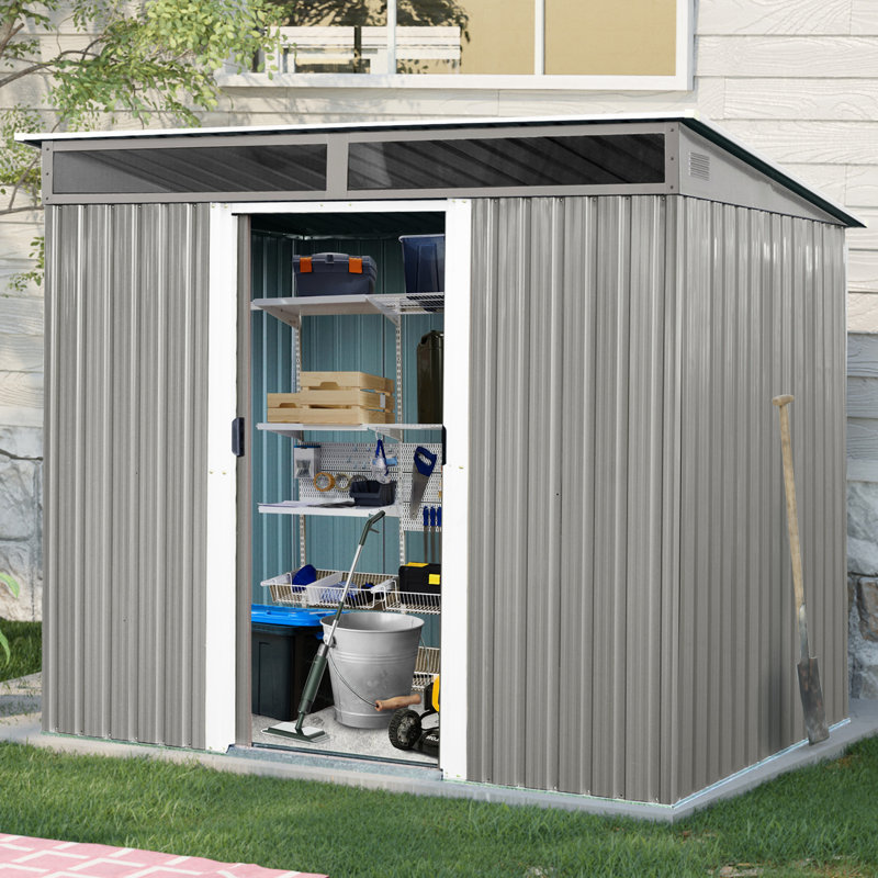 Rangement extérieur 8 x 6 pi avec panneau transparent et portes verrouillables - Rehausse l'apparence de votre couloir en métal de 8 pi 6 pi idéal pour ranger l'équipement de pelouse