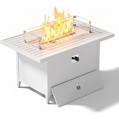 Table de foyer d'extérieur au propane 43 po en aluminium avec pare-vent et housse, blanc