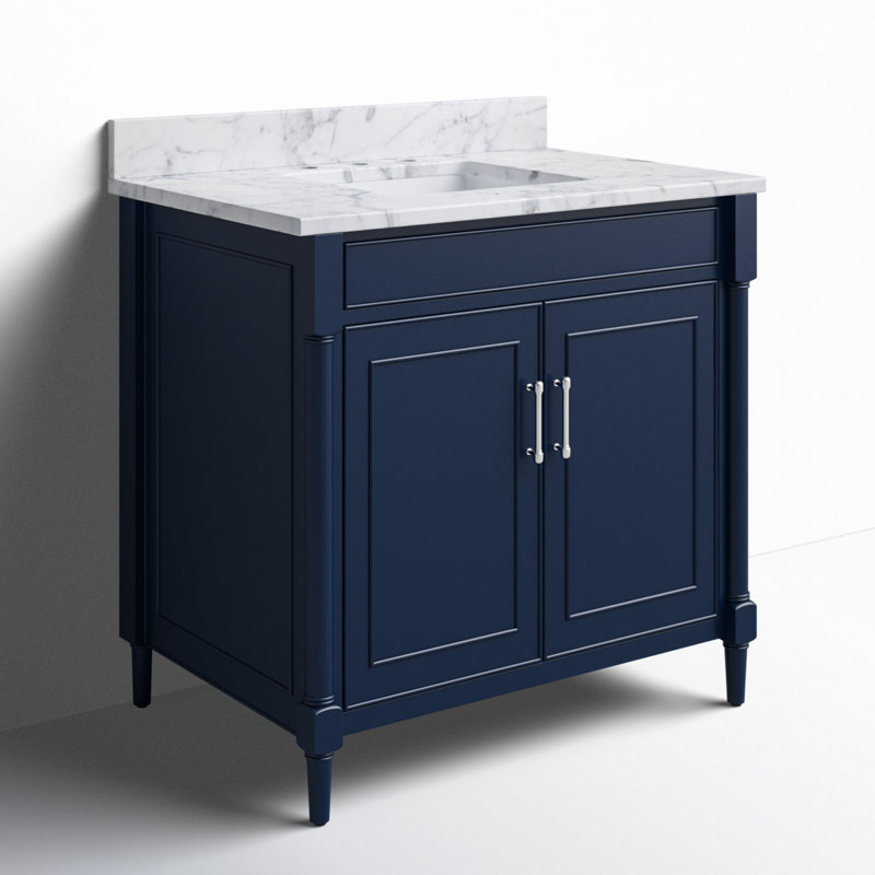 Navy Blue Single Bathroom Vanity with Carrara Marble Top