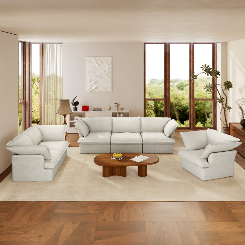 Ensemble de salon modulaire 3 pièces, Mélange de lin de couleur naturelle, Beige
