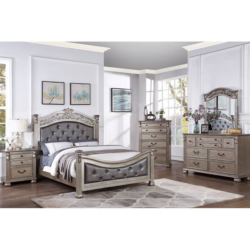 Anaejah Vegan Leather Four Poster Bed, Gray/Champagne, King