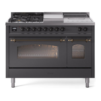 ILVE Nostalgie II Series 48 inch Dual Fuel Range with 5 Sealed Burners, Griddle, Frenchtop (Glass Door)