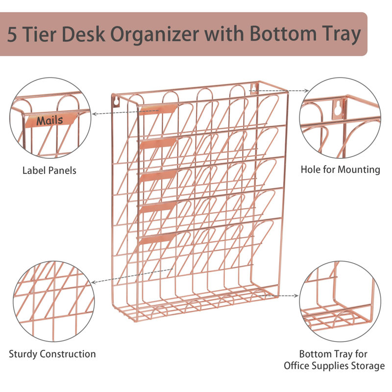 Desktop Organizer, 5-Tier Hanging File Organizer, Wall Mounted File Tray Organizer, Rose Gold