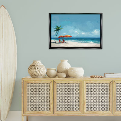 «Beach Chair Symphony», toile flottante encadrée noire par Irena Orlov