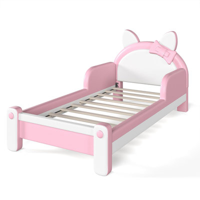 Twin Cute Cat Shaped Upholstered Kids Platform Bed, Princess Style Low Profile Children Bed Frame for Bedroom,white&Pink