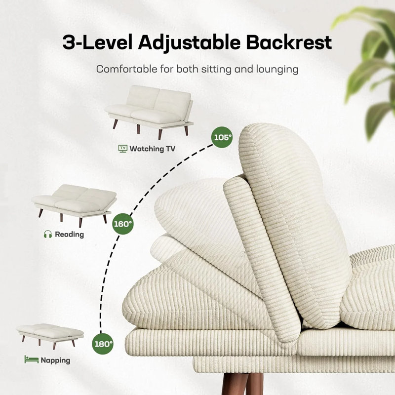 75”Convertible Futon Sofa Bed with Adjustable Backrest and 5-Level Armrests, Corduroy Futon Couch ,Sleeper Sofa Loveseat for Small Spaces, Apartment or Office,White