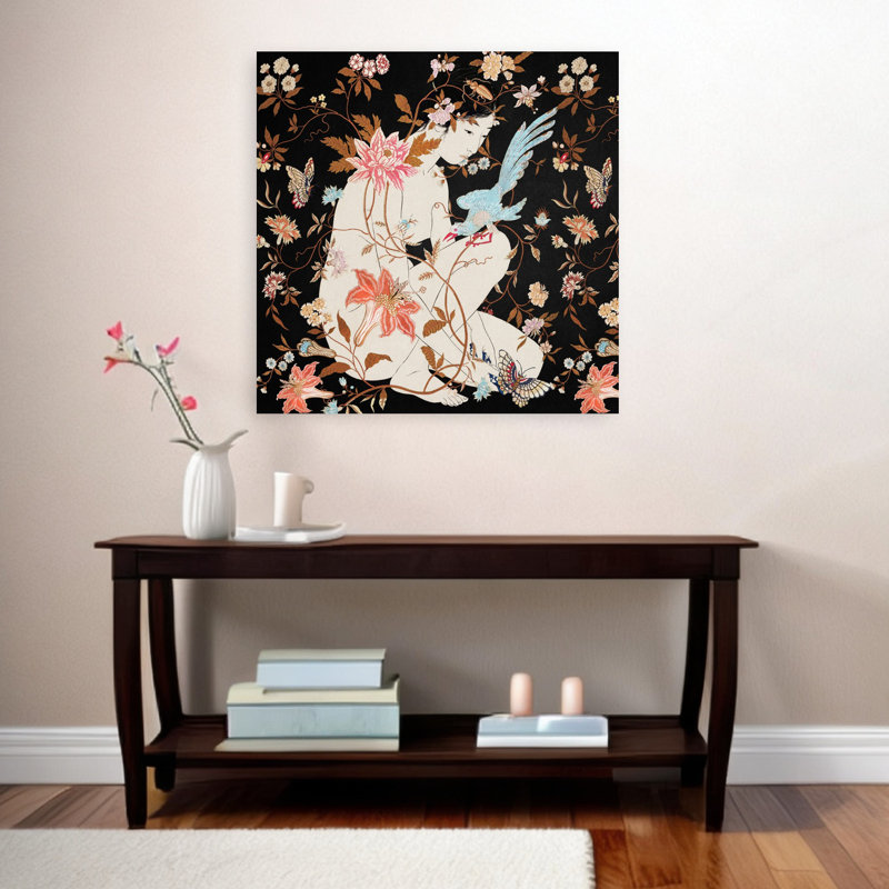 «Woman in Floral Embrace», art floral tropical, délicat, oiseau biologique, 36" H x 36" W