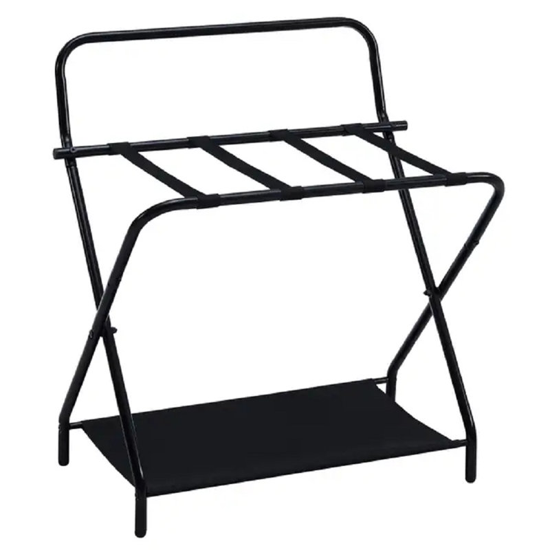 Black Metal Folding Luggage Rack with Fabric Shelf