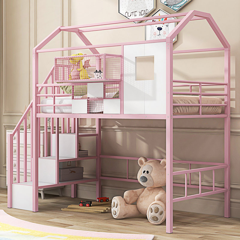 Lit mezzanine en métal avec toit et boîte de rangement, Rose