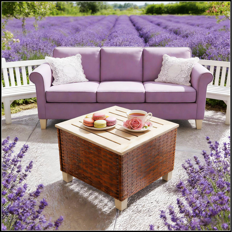 Table d'appoint compacte pour l'extérieur avec rotin en PE résistant aux rayons UV et plateau en bois de sapin naturel pour une utilisation sur le patio et le jardin