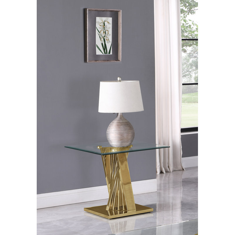 Table de bout à piédestal avec rangement en verre Anmol, Doré