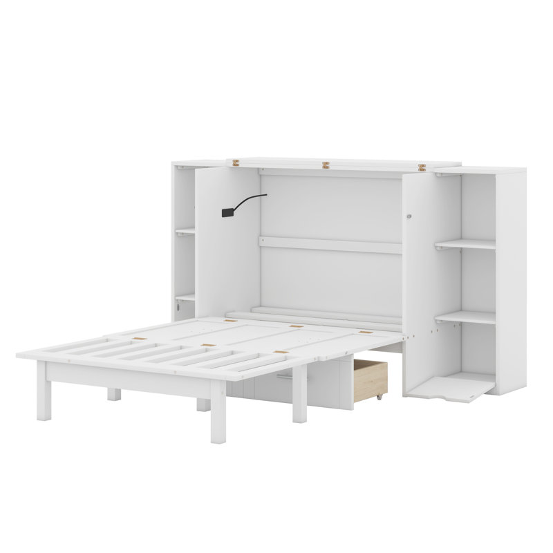 Lit escamotable avec tablettes, tiroirs et ports USB Murphy, Blanc