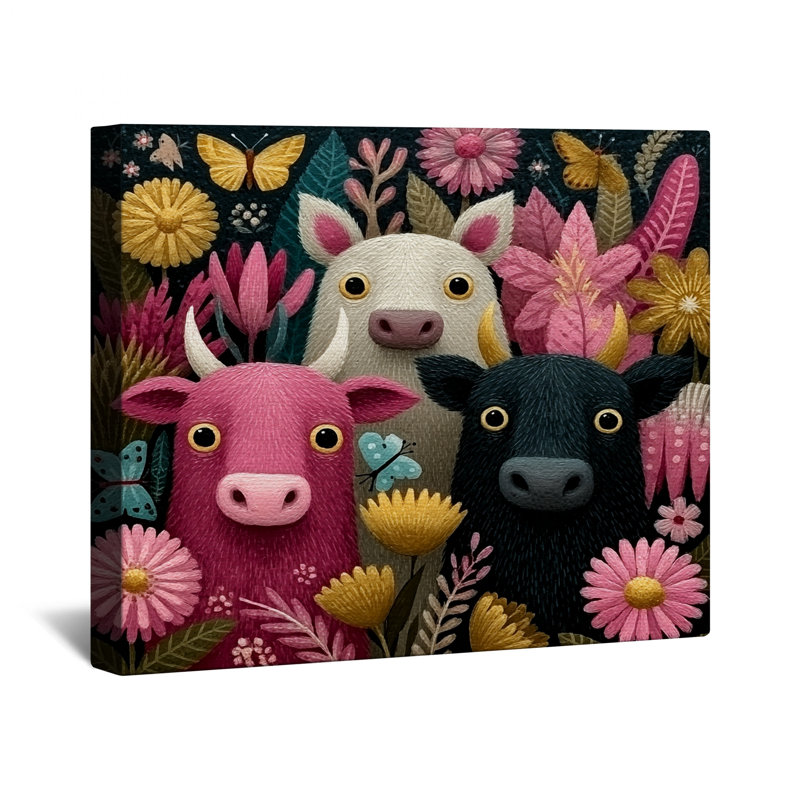 Toile de galerie fantaisiste de vaches et de fleurs en plusieurs tailles, 20 po x 30 po