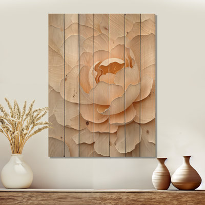 Blush Of Dawn Beige Peony II - Modern Wood Wall Decor On Natural Pine Wood