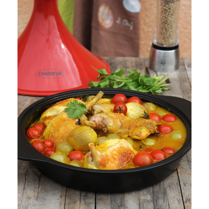 Red French Enameled Cast Iron Tajine with Ceramic Cone Lid