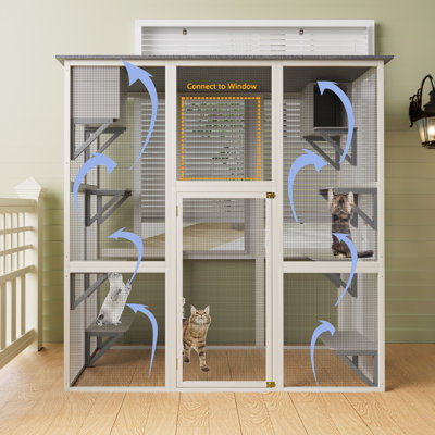 70.9" Outdoor Cat Enclosure Of Gray Wood, Asphalt Roof For Sun And Rain , Large House With 6 Platforms 2 Napping Spots, Connectable To Pet Door Advent