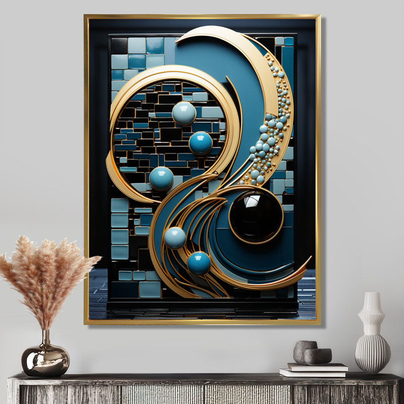 Art mural circulaire circulaire bleu clair contemporain, H 44 po x l 34 po x P 1,5 po, Toile avec cadre flottant or