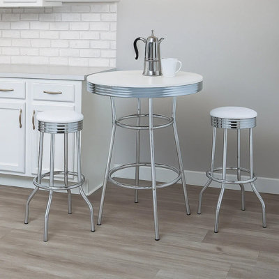 Ensemble de table de bar 3 pièces Loy, plateau rond blanc, 2 tabourets, chrome