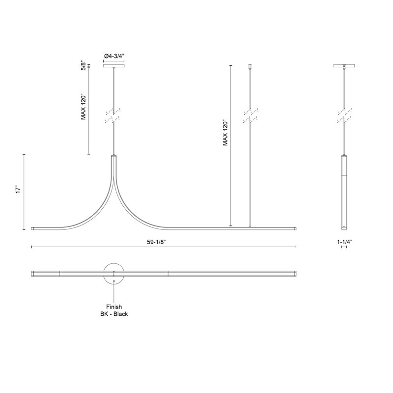 Luminaire suspendu fil 5 pi, Une lumière, H 137,63 po x l 59,13 po x P 1,25 po