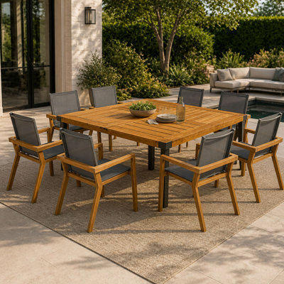 Ensemble de salle à manger 9 pièces pour l'extérieur en bois d'acacia, table de patio carrée en bois de teck de 64 po et 8 chaises avec tissu en toile textilène noire, mobilier d'extérieur robuste pour terrasse de jardin