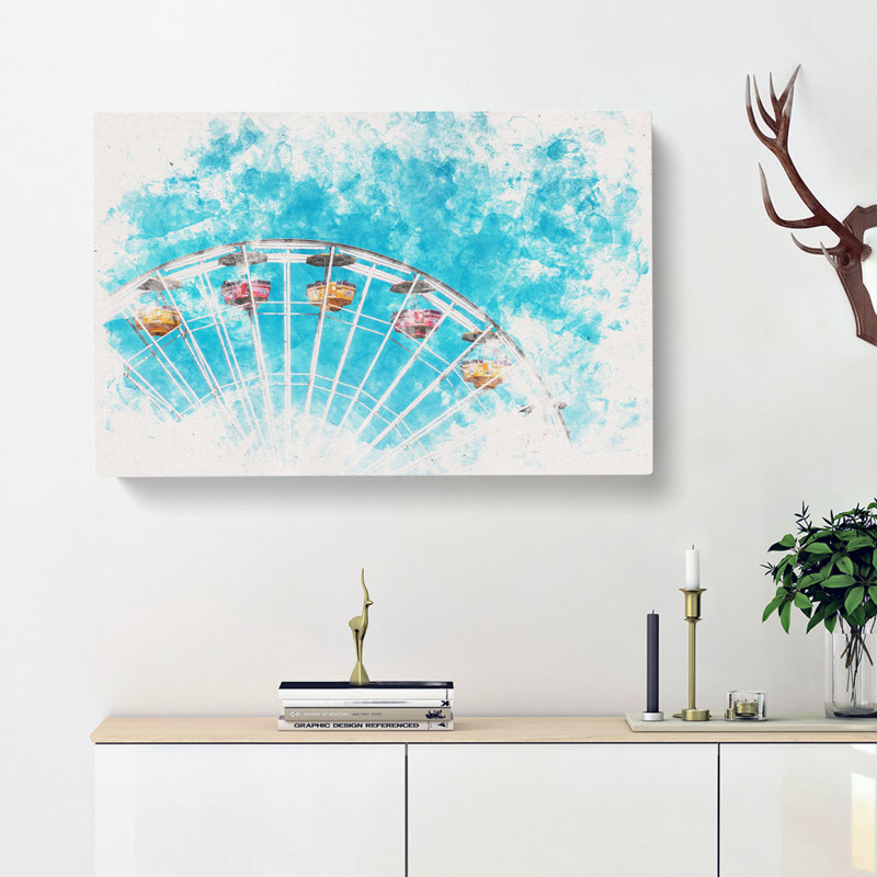 Santa Monica Pier Ferris Wheel Watercolour - Wrapped Canvas Print, 40cm H x 60cm W x 3cm D