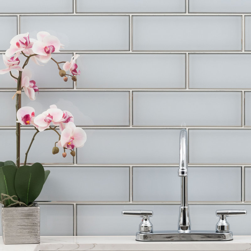 Rivella Subway 4 in. x 12 in. Glossy Glass Wall Tile, Sage Edge