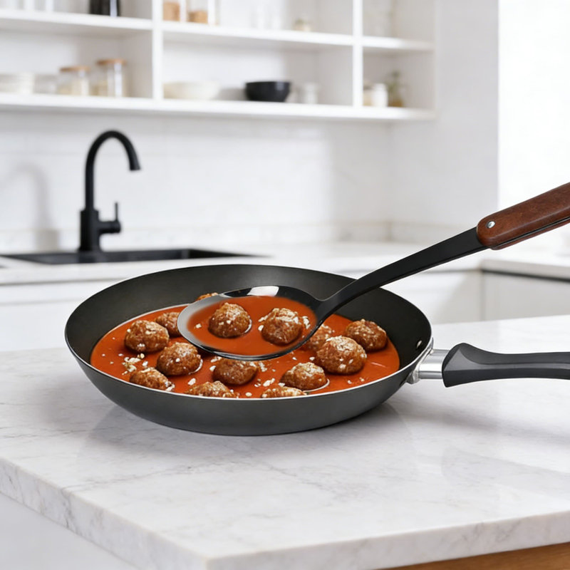 Ensemble d'ustensiles de cuisine 6 pièces en acier inoxydable avec poignées en bois - Outils de cuisson polis miroitants, y compris Turner, spatule, louche, écumoire, cuillère solide et fourchette à pâtes