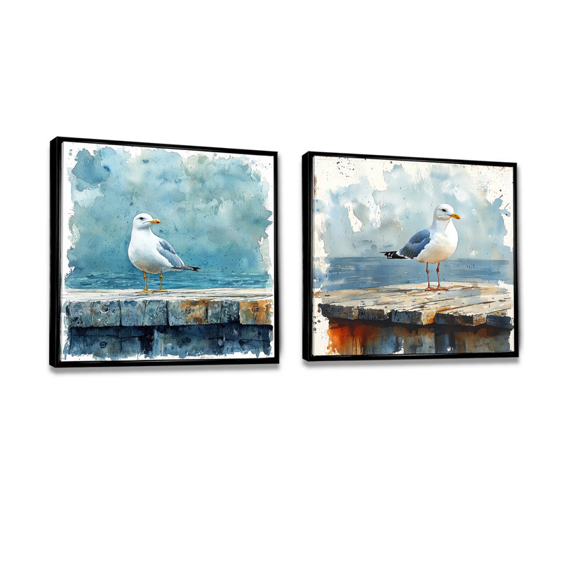 Mouette sur le quai I - décoration murale oiseau - art mural moderne 2 pièces, H 30 po x l 61 po, Floater Framed, Black