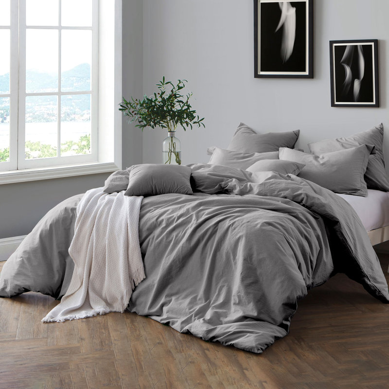 100% Cotton Crinkle Washed Duvet Cover Set, Full/Queen Duvet Cover + 2 Shams, Ash Grey