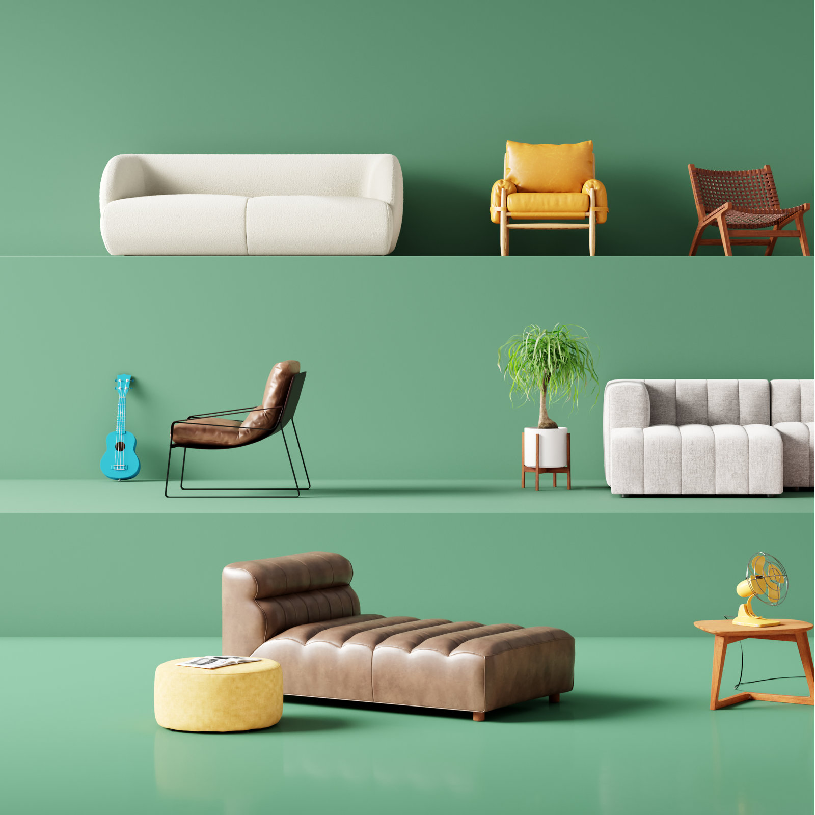 Anya Upholstered Chaise Lounge, Tan Top Grain Leather