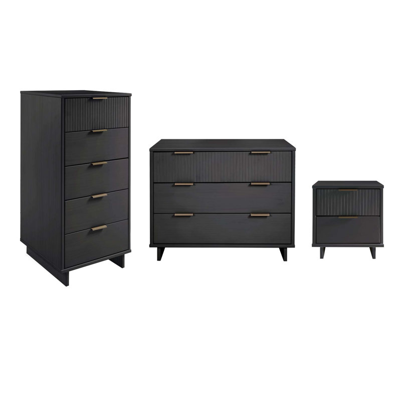 Ensemble de chambre à coucher en bois massif 3 pièces avec commode, commode et table de chevet Granville, Gris foncé