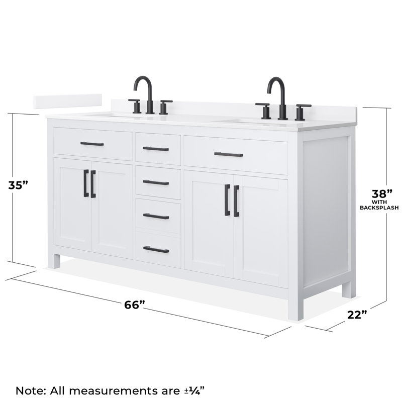 Beckett 66" Freestanding Double Bathroom Vanity with Quartz Top, Brushed Gold, White Quartz, Whitewashed Oak