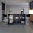 Blue And Natural Oak Kitchen Island With Storage Cabinet And Open Shelves
