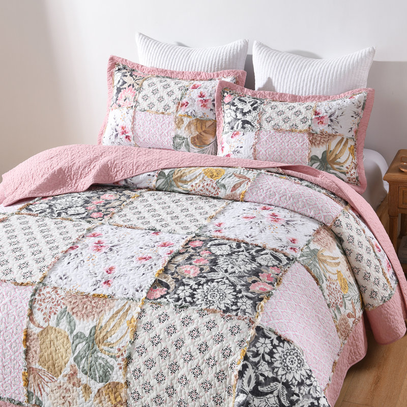 Ensemble de courtepointe en patchwork 3 pièces 100 % coton, couvre-lit brodé avec de véritables points de couture, réversible, léger et respirant pour toutes les saisons, doux et matelassé, avec 2 taies d'oreiller, taille Queen