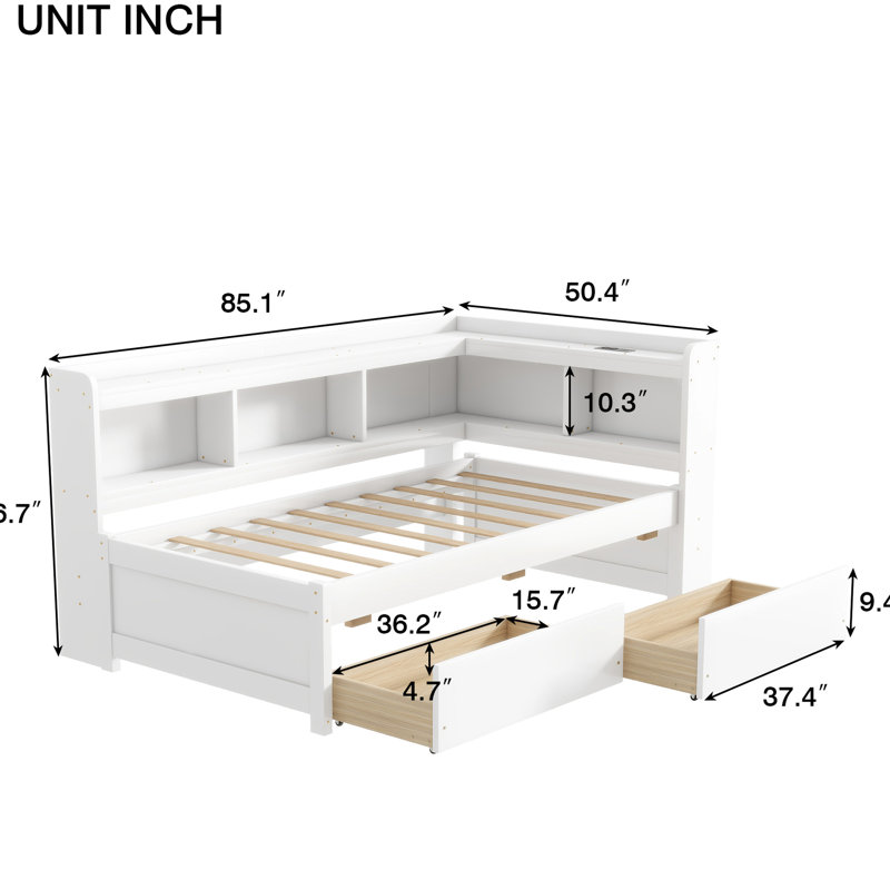 Lit simple blanc avec bibliothèques en forme de L, prises de courant intégrées, ports et deux tiroirs de rangement - Assemblage facile, idéal pour les petits espaces de charge en pin à long terme, option d'espace