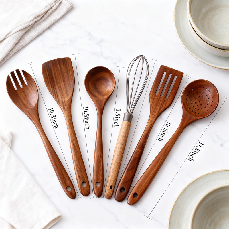 Ensemble d'ustensiles en bois de teck naturel 10 pièces pour la cuisson, cuillères en bois antiadhésives et ustensiles de cuisine avec prise confortable