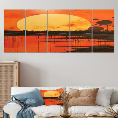 Pleine lune, gloire au-dessus du lac, couleurs rétro - art mural abstrait pour le salon, 5 pièces