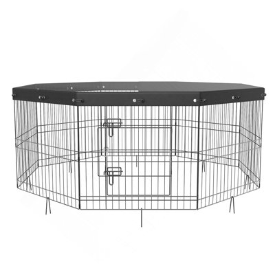Parc pour chien, enclos pour chien pliable en métal à 8 panneaux avec couvercle supérieur, cage pour chiot de clôture pour animaux de 24 po de hauteur avec piquets, enclos extérieur pour petits animaux de compagnie de taille moyenne, pour le camping, la cour