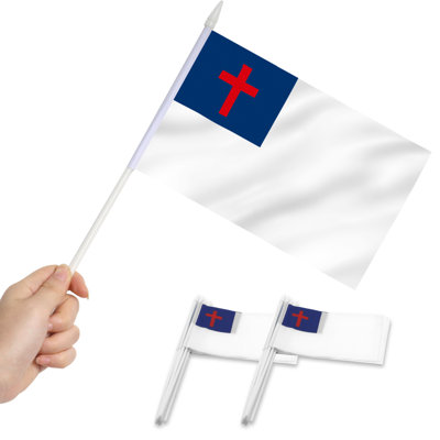 Mini drapeau chrétien - Petit drapeau chrétien miniature à tenir à la main sur une hampe - Couleurs vives et résistantes à la décoloration - 14 x 20 cm avec hampe solide et pointe en forme de lance