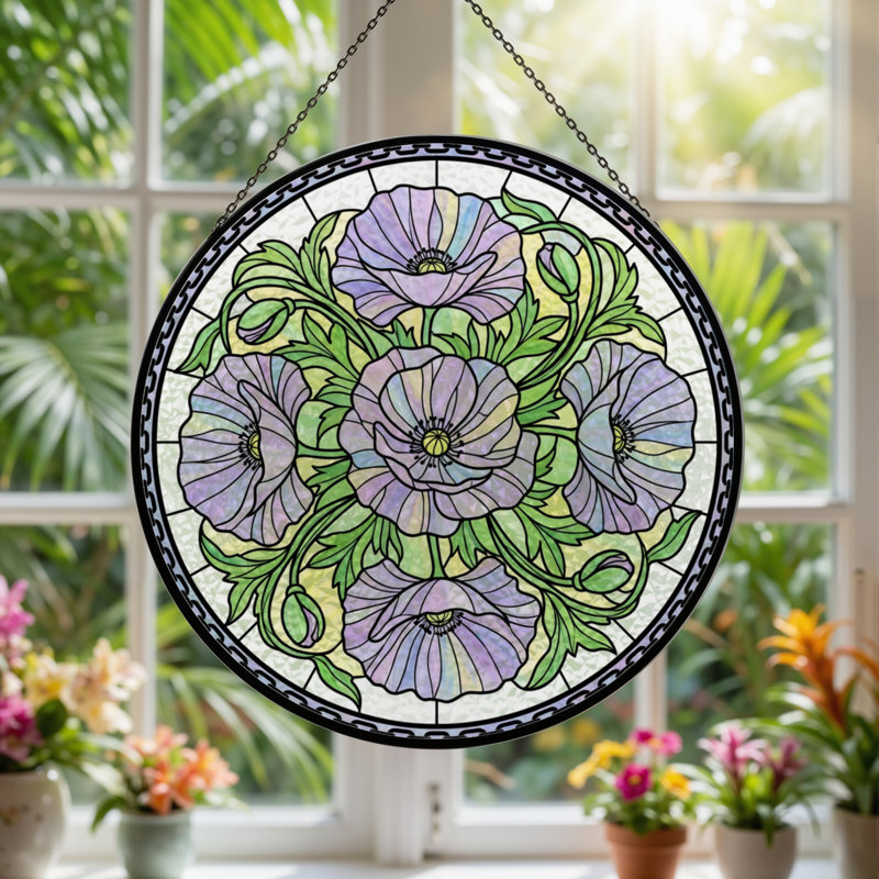 Panneau de vitrail 12 "H Fleurs mauves, H 12 po x l 12 po