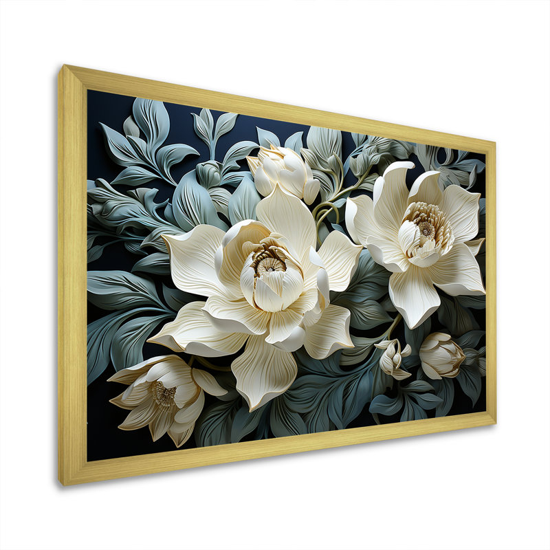 Tulipes blanches et bleues modernes sur toile, H 34 po x l 44 po x P 1,5 po, Cadre doré simple
