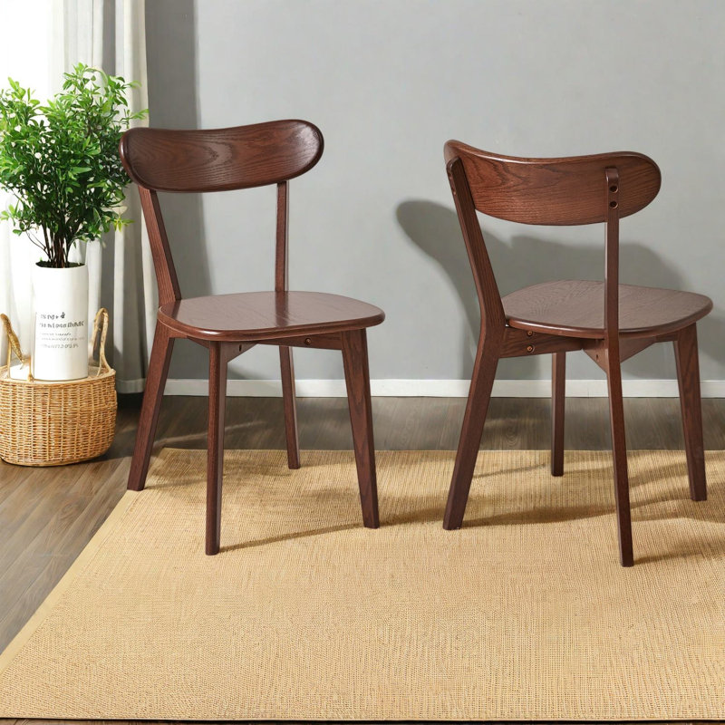 Ensemble de 2 chaises de salle à manger à dossier courbé, petite cuisine moderne en bois de chêne massif, Bois brun foncé