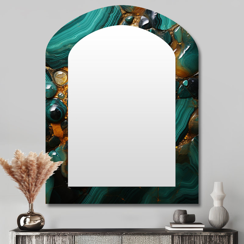 Spiritual Stone Malachite Renewal II - Spiritual Stone Asymmetrical Decorative Wall Mirror, Traditional Arch Mirror, Printed Metal Art